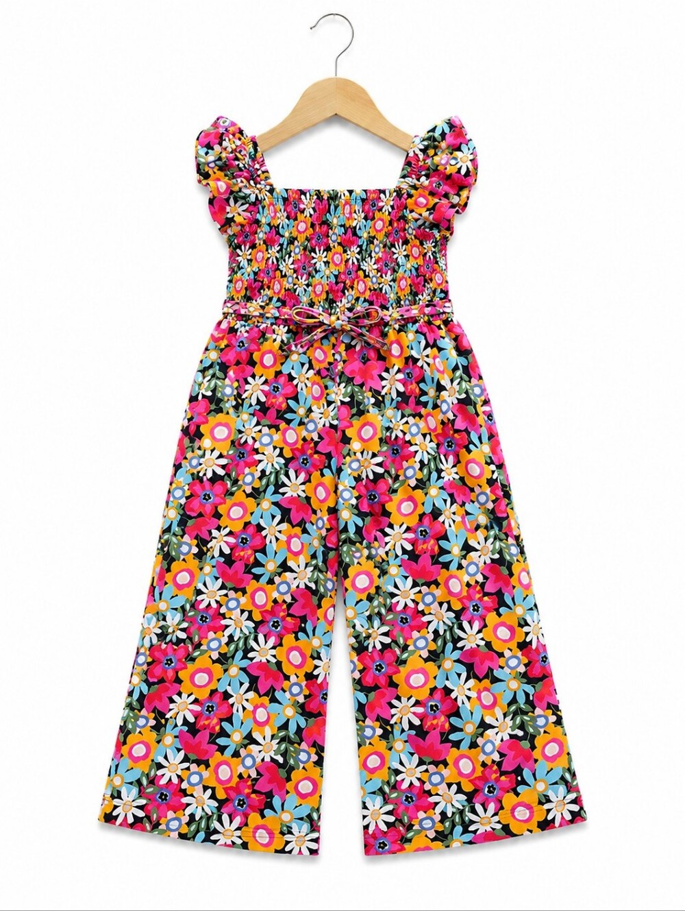 Girls Floral Smocked Wide-Leg Jumpsuit - Pink Multi